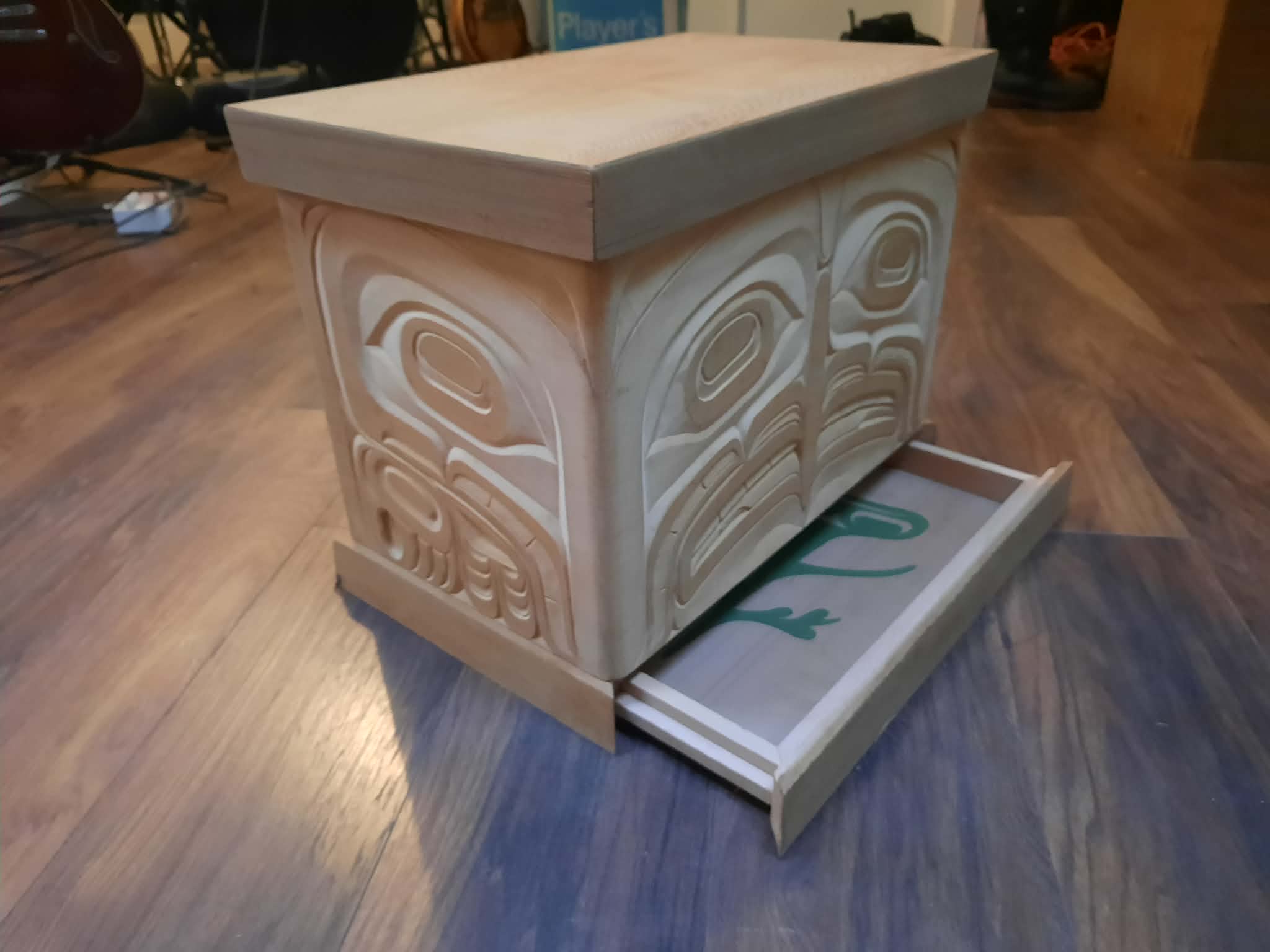 Bentwood box with drawer open, showing lined interior